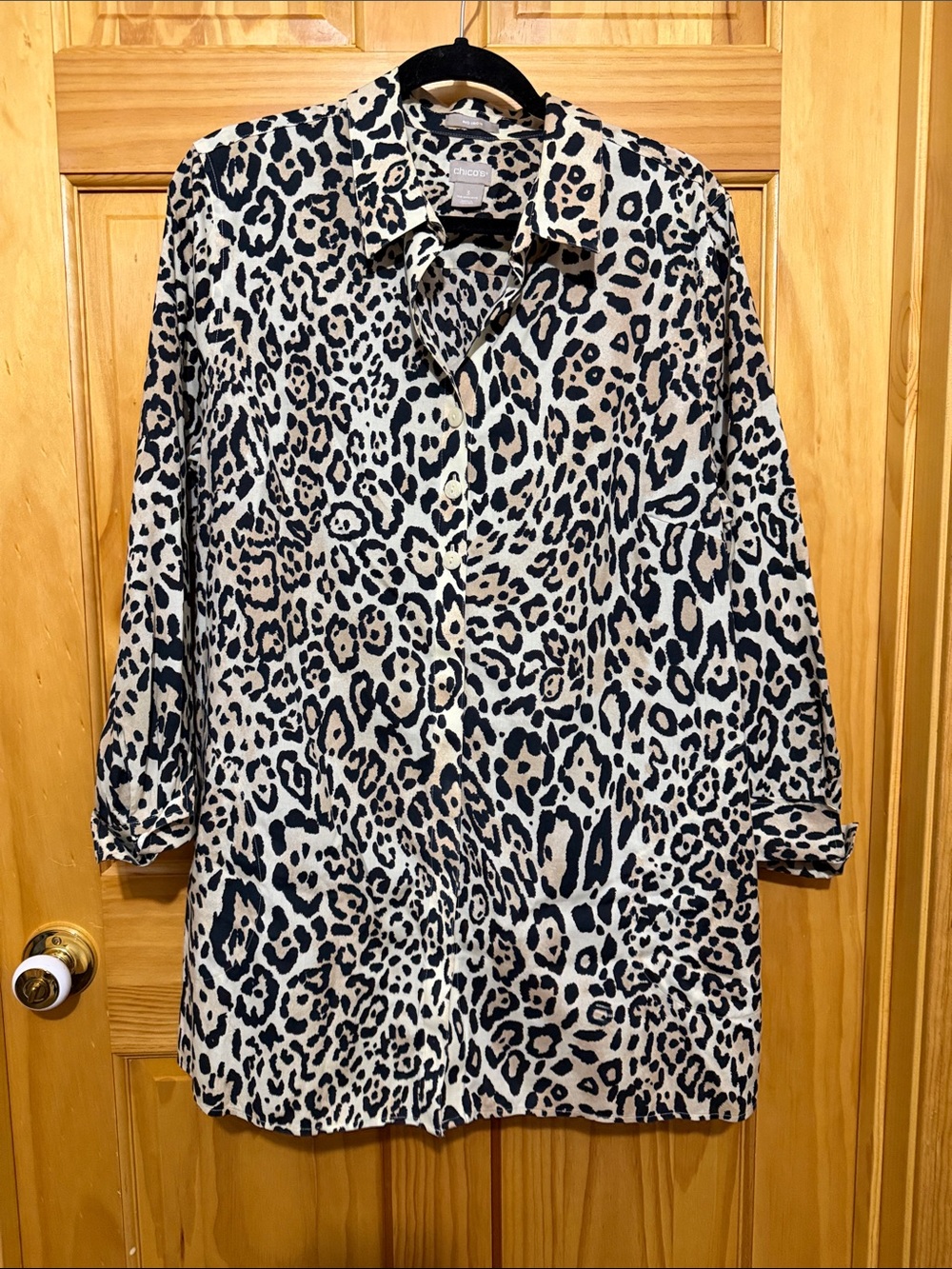 Chico's Black and Cream Leopard-Print Button-Up Tunic, Size 3/XL/16. No-Iron.